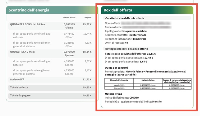 Box dell'offerta bolletta del gas